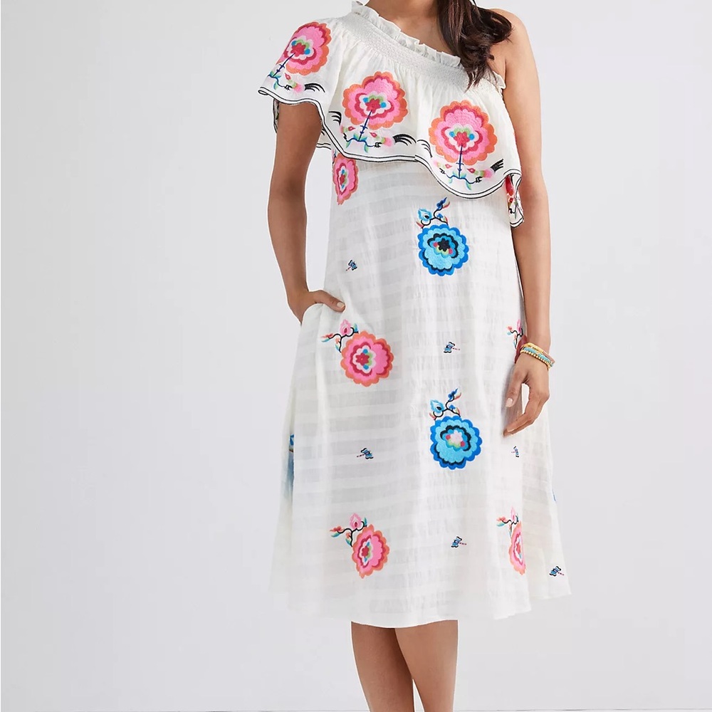 Anthropologie White One Shoulder Dress with Pink and Blue Floral